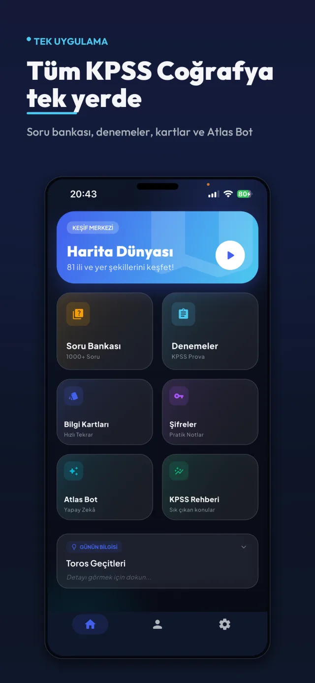Coğrafya Kampı ana ekran — soru bankası, denemeler ve harita dünyası