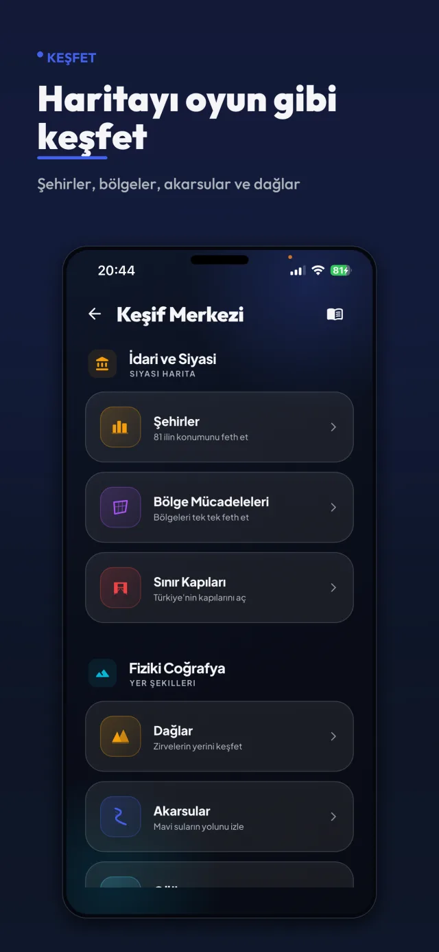Keşif Merkezi — şehirler, bölgeler, akarsular ve dağları keşfet