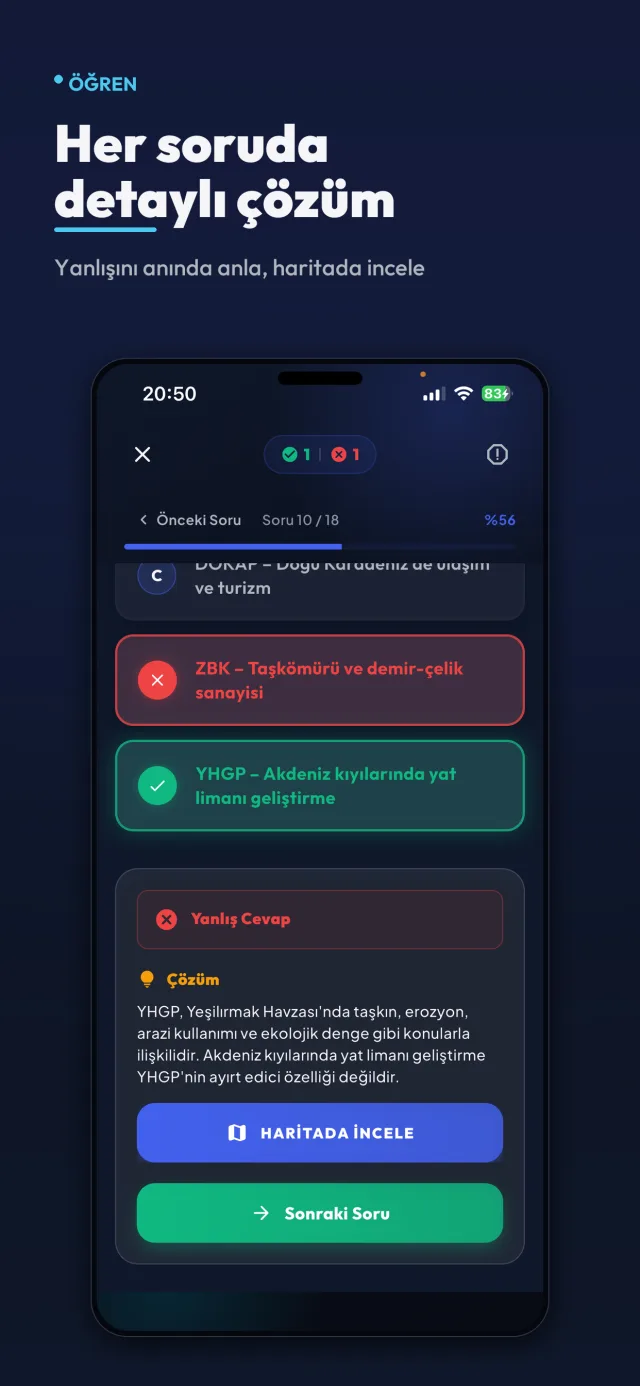 Her soruda haritada incelenen detaylı çözüm ekranı