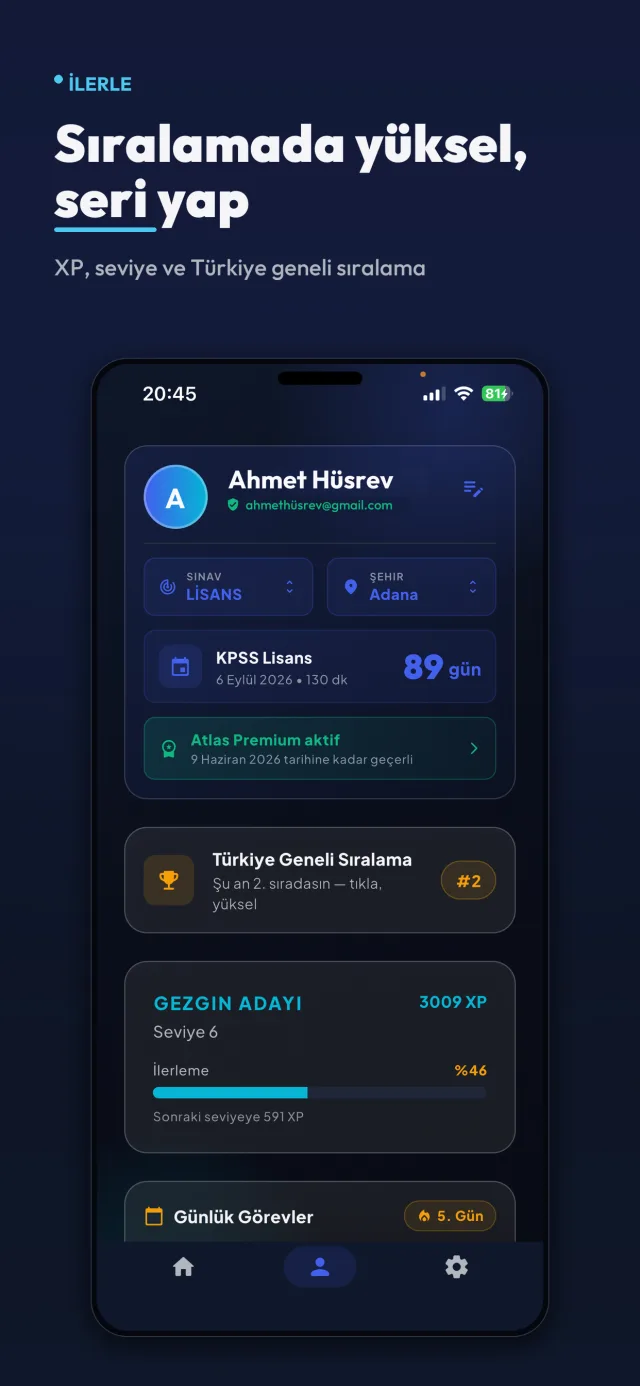 Profil ekranı — XP, seviye ve Türkiye geneli sıralama