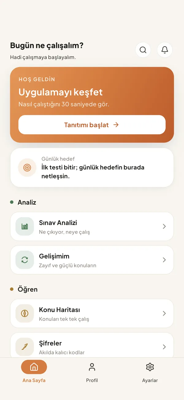Tarih Kampı ana ekran — sınav analizi, konu haritası ve şifreler kısayolları