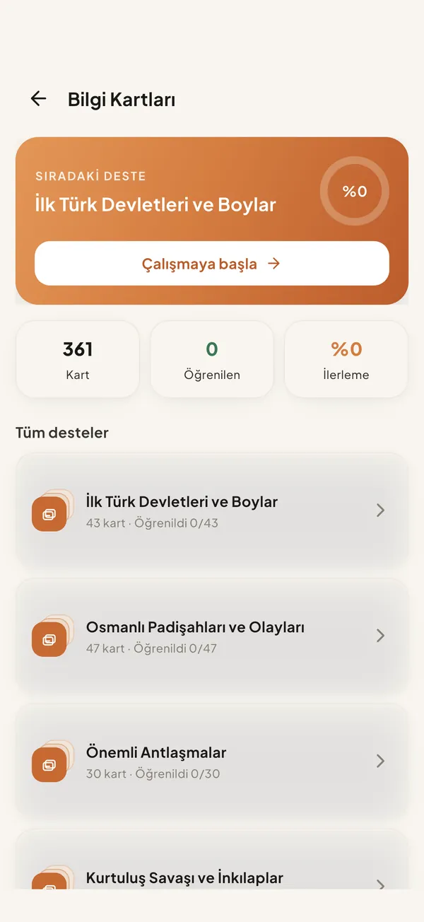 Bilgi kartı — hızlı tekrar için dönem desteleri