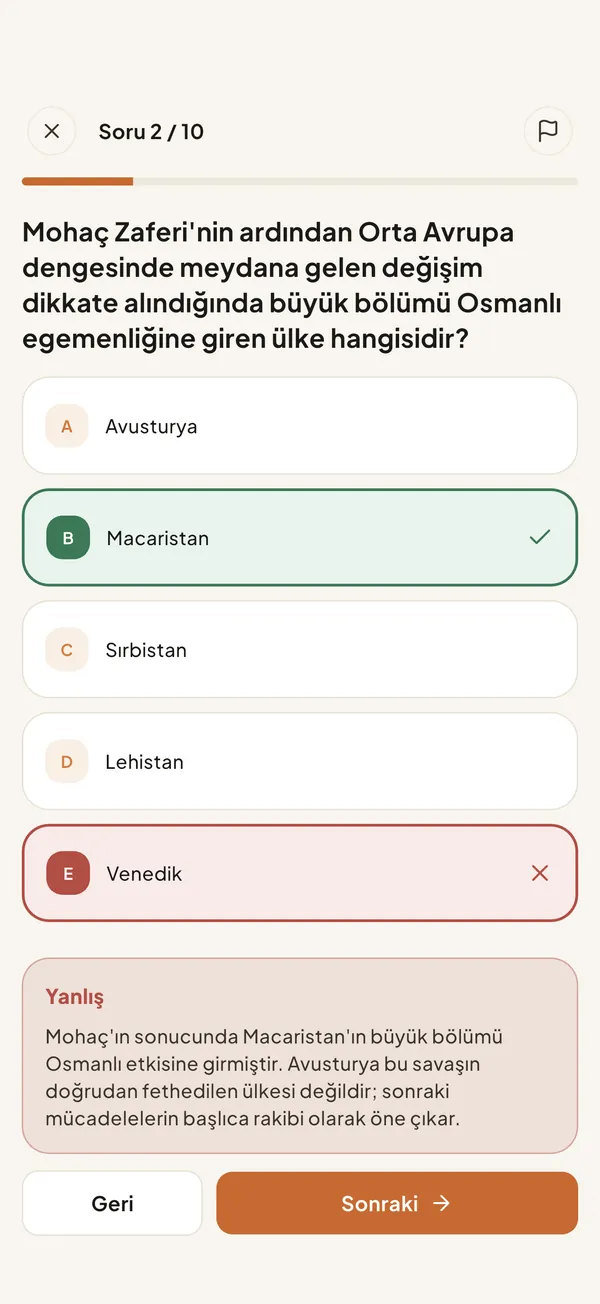 Soru çözüm ekranı — doğru cevap ve ayrıntılı açıklama